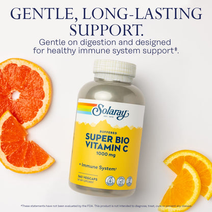 SOLARAY Super Bio Vitamin C 1000mg, Buffered, Two-Stage Timed Release with Bioflavonoids, Immune Support Supplement, High Absorption, Vegan, 60-Day Guarantee – 250 VegCaps