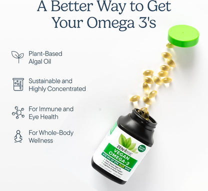Zenwise Health Vegan Omega 3 Supplement, Algae Oil, EPA DHA - 120 CT | 120 Softgels, Plant-based Fish Oil Alternative, 510mg EPA DHA DPA, Algal Oil, Sustainably Sourced, Burpless, Non-GMO, Vegan