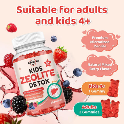 Zeolite Detox for Kids & Adults, Zeolite Detox Gummies with L-Glutamine, Chlorella, Milk Thistle, Zinc, Prebiotics for Gut Support, Liver Detox Cleanse, Immune, Energy, Mixed Berry Flavor, 60 Gummies