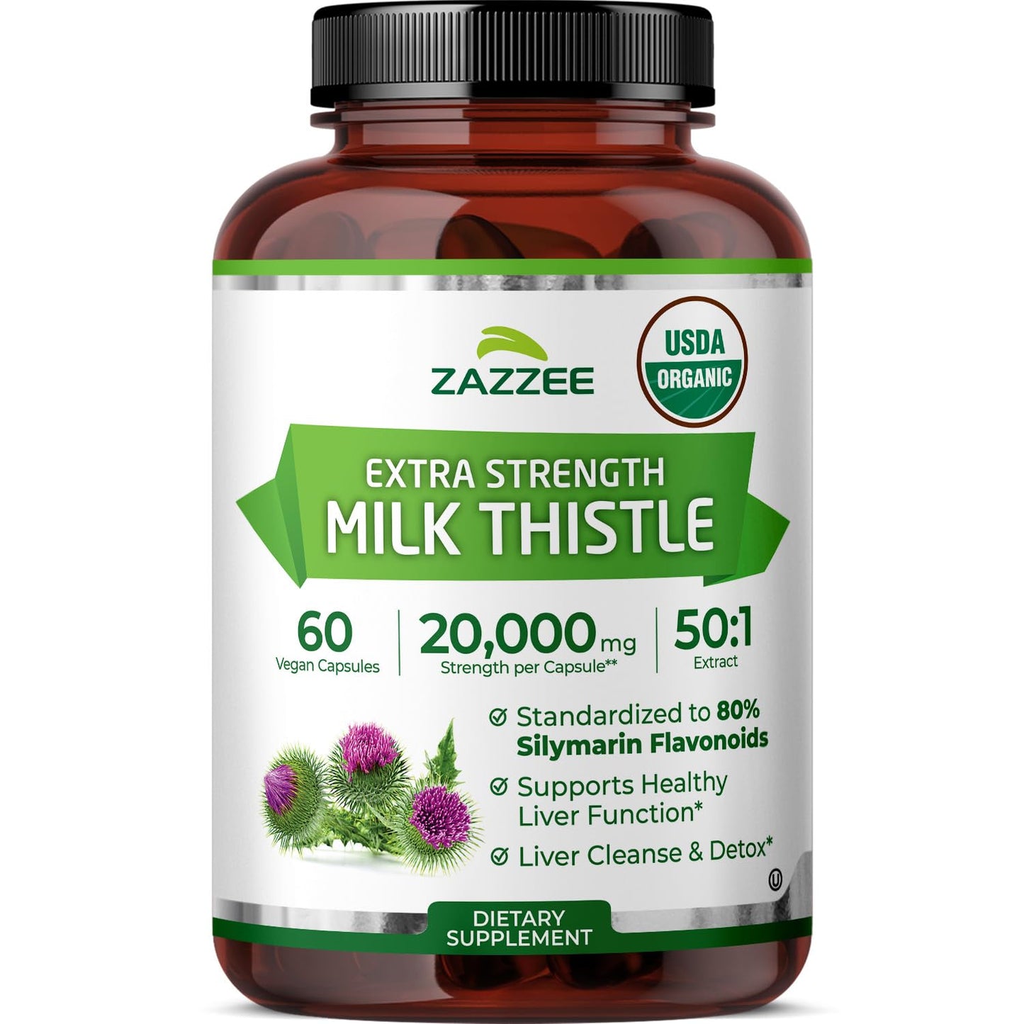 Zazzee USDA Organic Milk Thistle 50:1 Extract, 80% Silymarin Flavonoids, 200 Vegan Capsules, 6+ Month Supply, Silybum Marianum, Liver Support & Detox Support, Organic All-Natural, Non-GMO, Made in USA