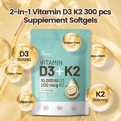 VivoNu Vitamin D3 K2 10000 IU with MK7-300 Virgin Coconut Oil Softgels, 2 in 1 Vitamins D & K Complex | Vitamina D3 con K2 (300 Softgels /1 Bag)