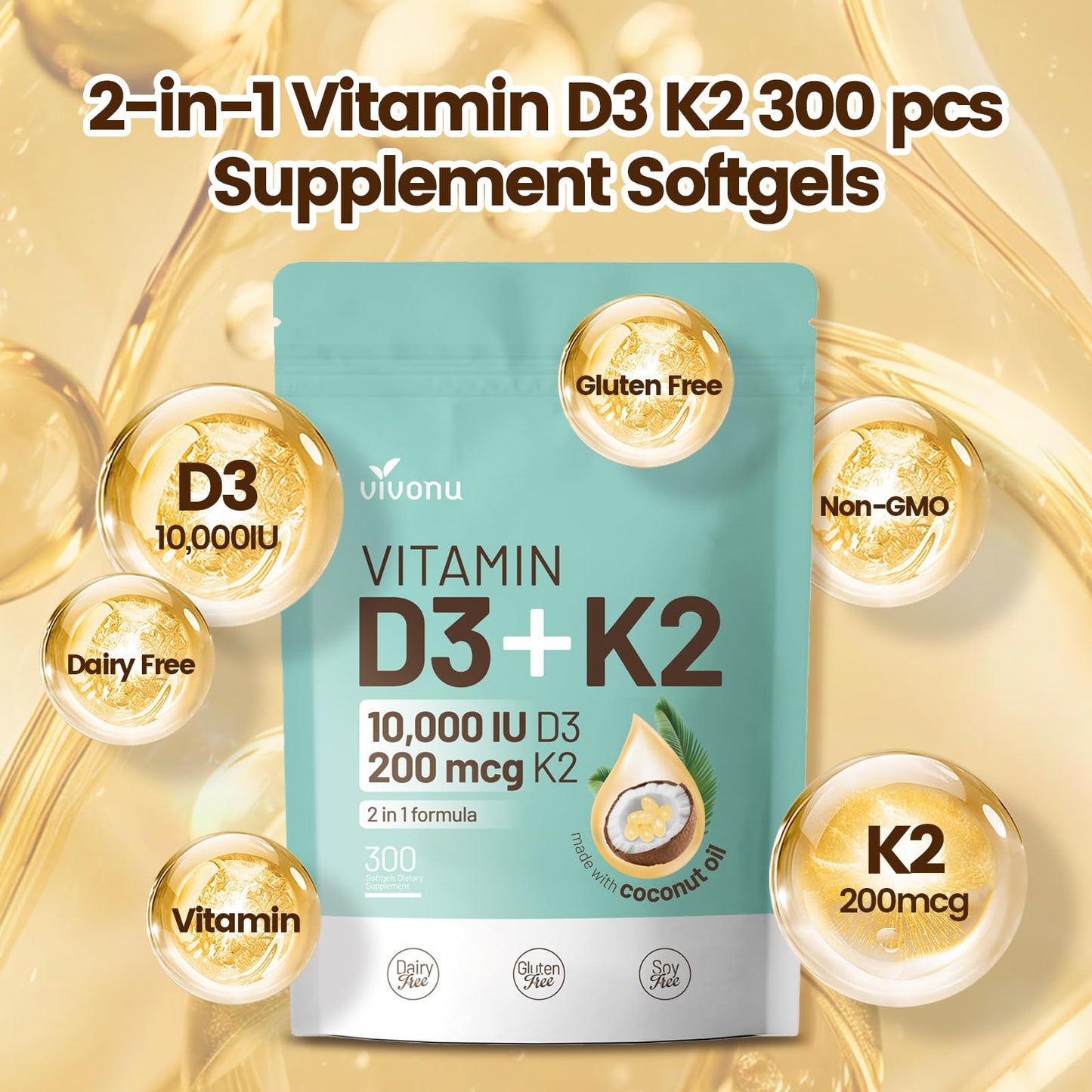 VivoNu Vitamin D3 K2 10000 IU with MK7-300 Virgin Coconut Oil Softgels, 2 in 1 Vitamins D & K Complex | Vitamina D3 con K2 (300 Softgels /1 Bag)