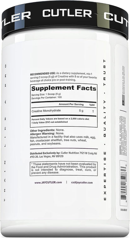 Cutler Nutrition Pure Creatine Monohydrate Powder, 5g, 50 Servings, 8.81 oz | Unflavored | Micronized creatine powder for strength, muscle growth, workout performance and post-workout recovery