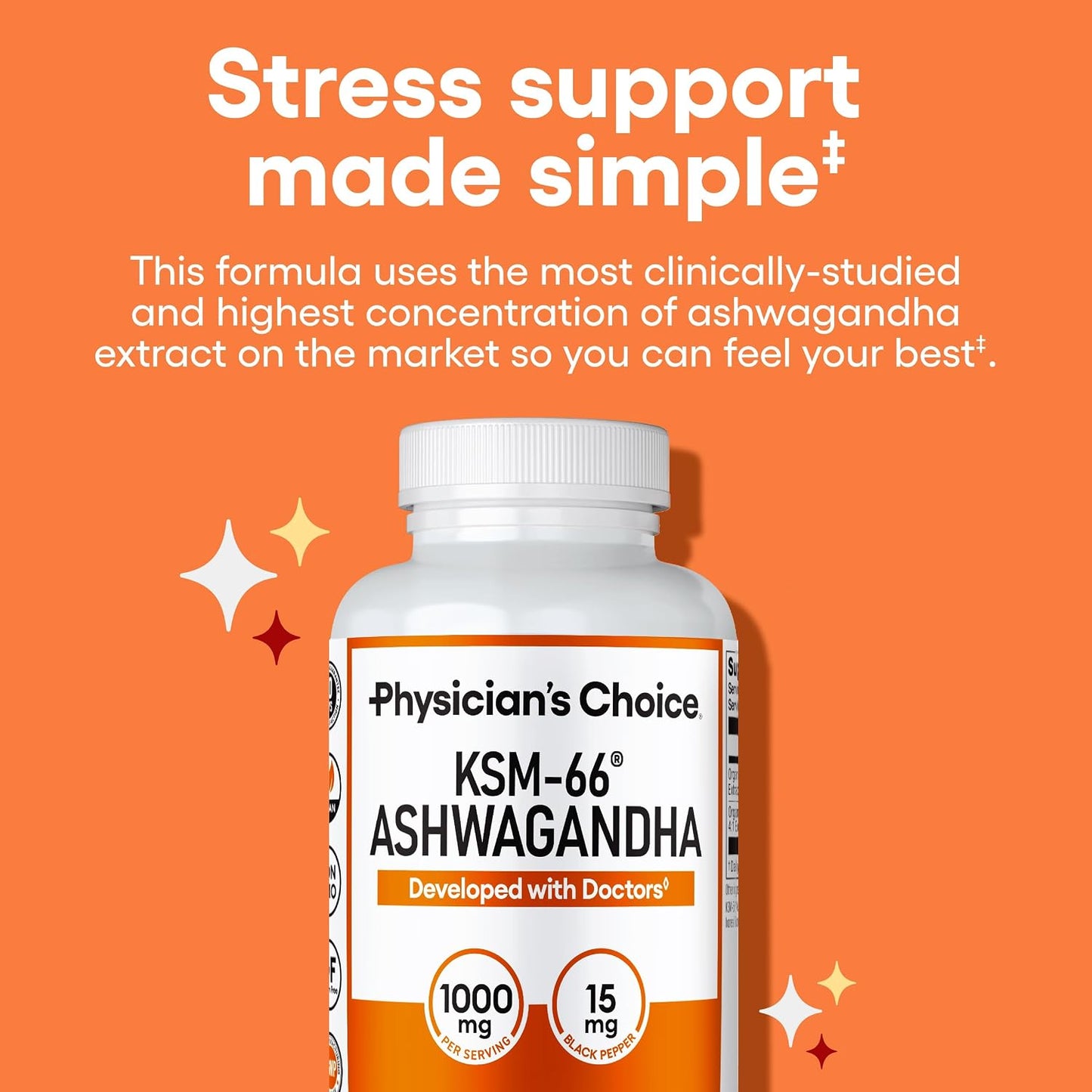 Physician's CHOICE KSM-66 Ashwagandha Root Extract 1,000mg, Organic, 60ct | Stress, Mood & Athletic Support, 5% Withanolides with Black Pepper Extract for Maximum Absorption, Vegan