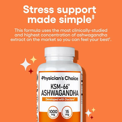 Physician's CHOICE KSM-66 Ashwagandha Root Extract 1,000mg, Organic, 60ct | Stress, Mood & Athletic Support, 5% Withanolides with Black Pepper Extract for Maximum Absorption, Vegan