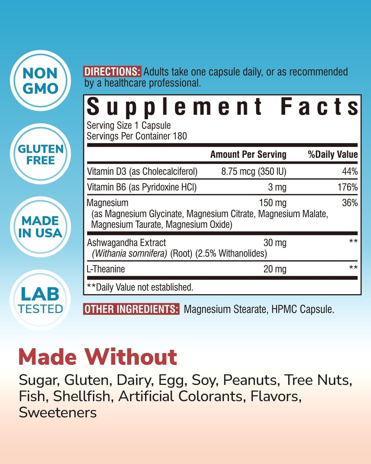 Vitalibre Magnesium Complex with Ashwagandha, L-Theanine & Vitamin D3, B6 | Stress Relief, Bone & Relaxation Support - w/ Magnesium Glycinate, Citrate, Malate, Taurate - Non-GMO, 90 Capsules