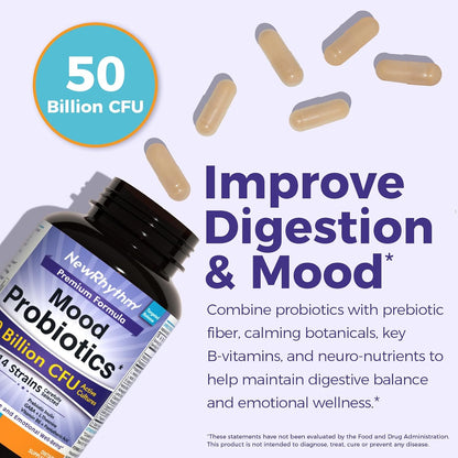 NewRhythm Mood Probiotics 50 Billion CFU, 14 Strains | Lactobacillus Helveticus, Prebiotic, Ashwagandha, GABA, L-Theanine, Vitamin B6 B5, Digestive & Mood Support, 30 Capsules