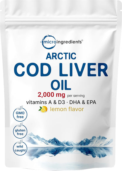 Cod Liver Oil 2,000mg Per Serving, 360 Softgels | Burpless Lemon Flavored – Rich in Omega 3, Vitamins A & D3, EPA, DHA | Wild Caught Arctic Deep Sea Fish | Heart, Brain, & Immune Supplement