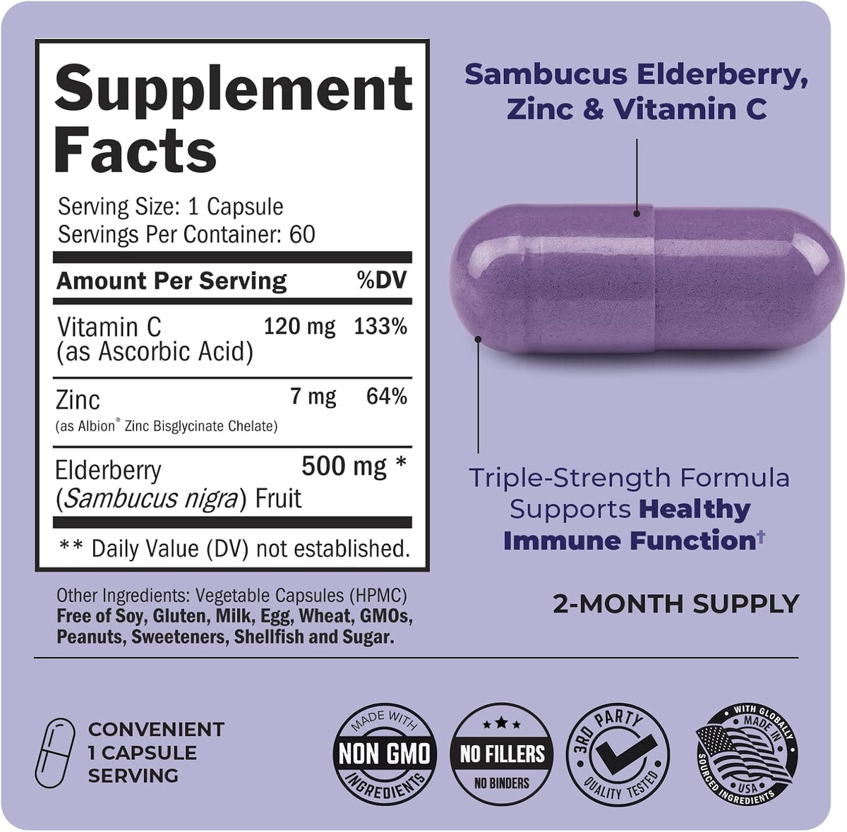 Elderberry Capsules with Zinc and Vitamin C for Adults, 60 Count