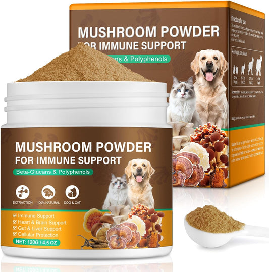 Mushroom Supplement Powder for Dogs & Cats, 11 Beneficial Mushroom Complex for Immune Support, Cellular Protection, Heart & Brain Health Lion's Mane, Reishi & Turkey Tail, Bacon Flavor - 120g