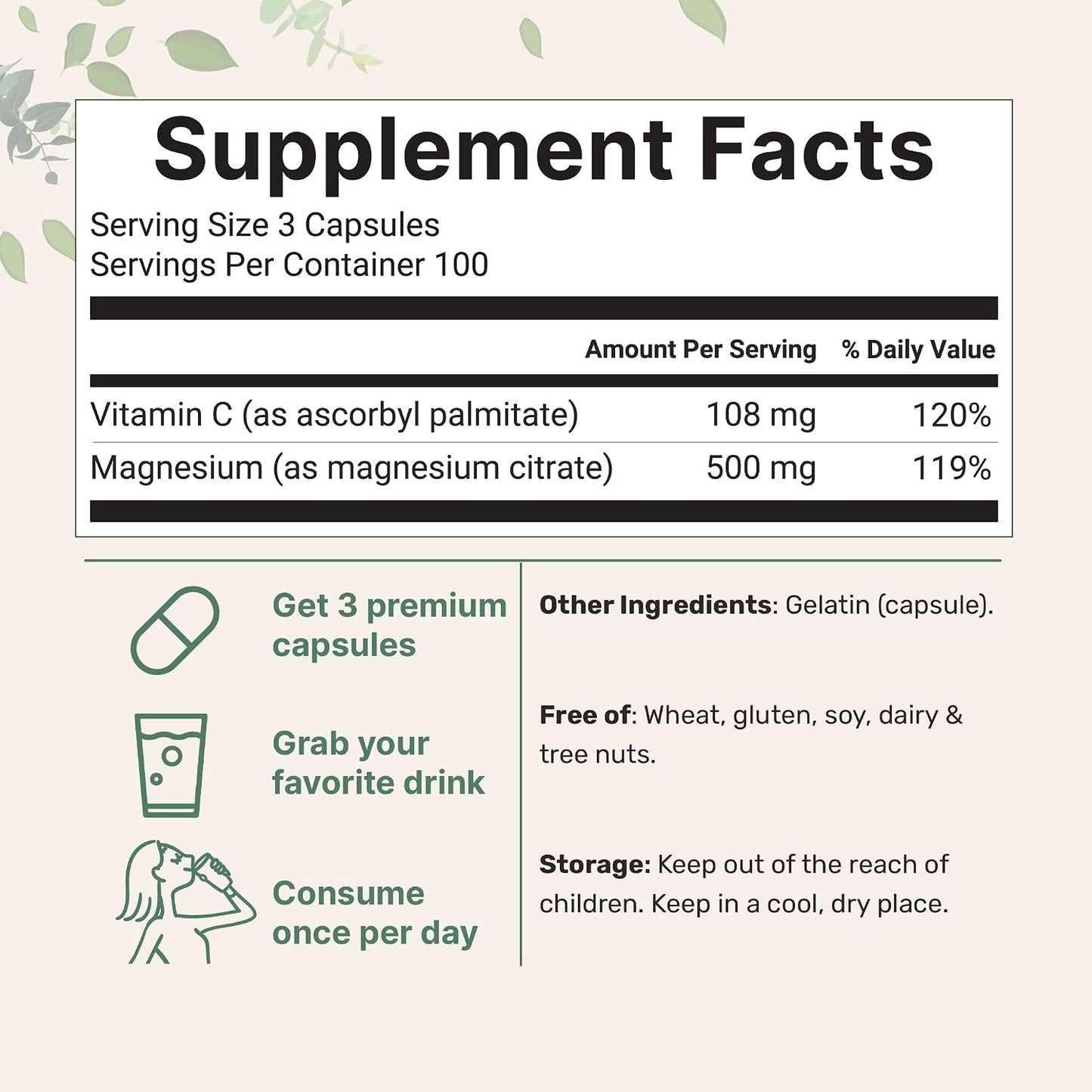 Pure Magnesium Citrate Supplements 500mg, 300 Capsules | Fat-Soluble Vitamin C Added | 100% Chelated | Only Active Ingredients