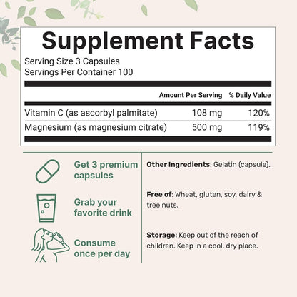 Pure Magnesium Citrate Supplements 500mg, 300 Capsules | Fat-Soluble Vitamin C Added | 100% Chelated | Only Active Ingredients