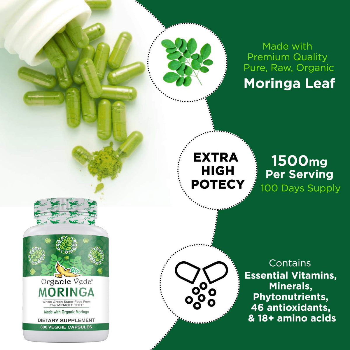 Organic Veda Moringa Leaf Capsules 1500mg, 300 Count - Pure Raw Moringa Oleifera