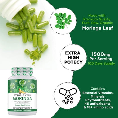 Organic Veda Moringa Leaf Capsules 1500mg, 300 Count - Pure Raw Moringa Oleifera