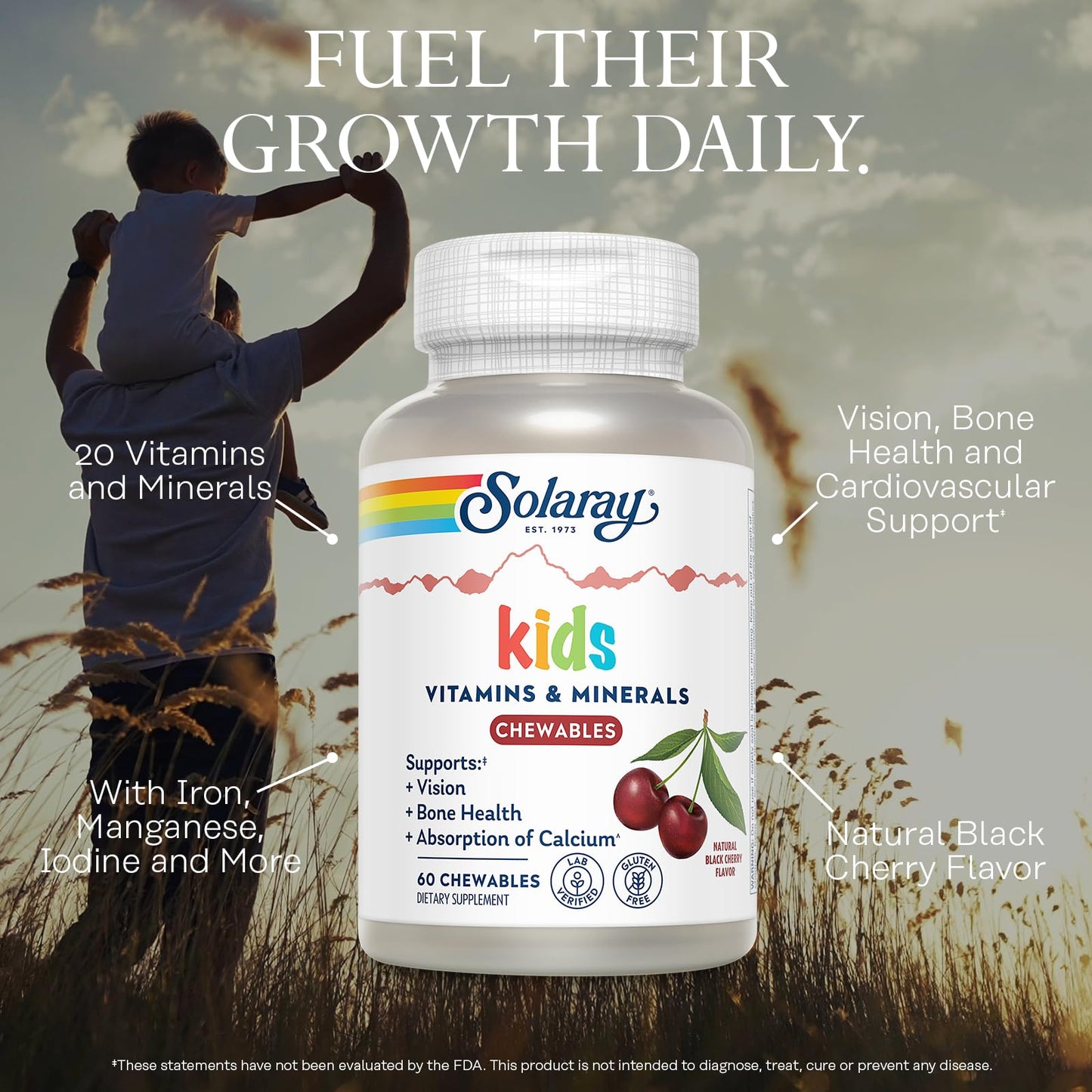 SOLARAY Kid's Vitamins & Minerals, Multivitamin for Kids - Bones, Vision, Heart Health Support w/Vitamin C, Vitamin D and B2, Iron - Gluten Free, 120 Black Cherry Chewables, 60 Servings