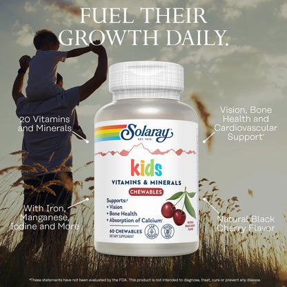 SOLARAY Kid's Vitamins & Minerals, Multivitamin for Kids - Bones, Vision, Heart Health Support w/Vitamin C, Vitamin D and B2, Iron - Gluten Free, 120 Black Cherry Chewables, 60 Servings