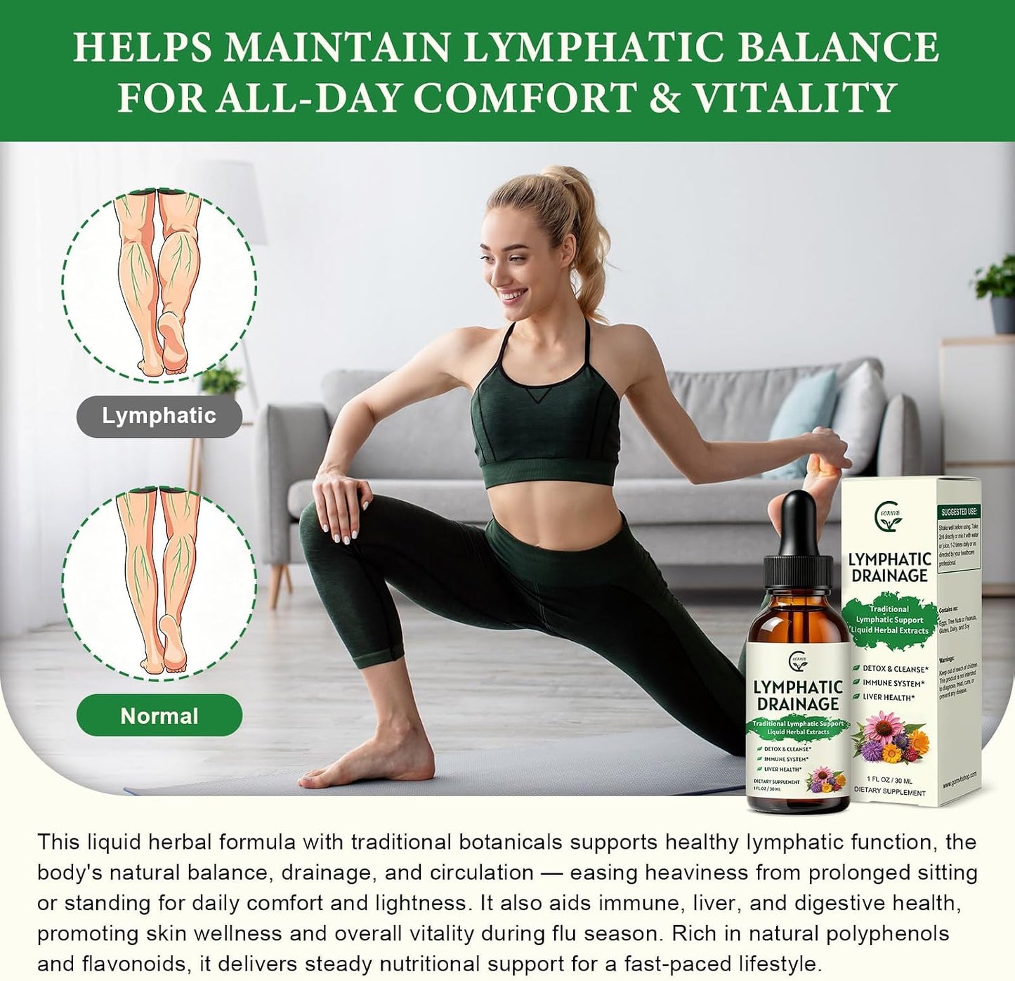 GORNVB Lymphatic Drainage Drops, Lymphatic Drainage Supplements with Echinacea, Cleavers, Dandelion, Red Clover, Horse Chestnut for Swelling Relief, Heavy Legs, Immune & Detox Support, Vegan, 2 fl oz