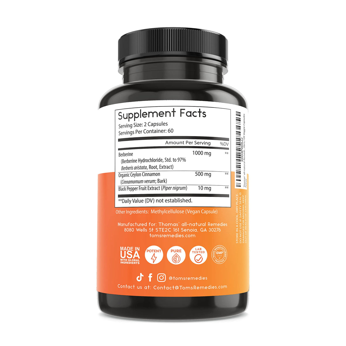 Thomas' all-natural Remedies Berberine 500mg (1000mg Per Serving)- 120 Vegan Capsules