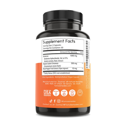 Thomas' all-natural Remedies Berberine 500mg (1000mg Per Serving)- 120 Vegan Capsules