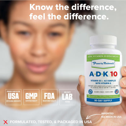 Power By Naturals ADK 10 Vitamin Supplement – Vitamins A, D3 & K2 MK-7 for Bone, Heart & Immune Health – Gluten-Free, Soy-Free – 90 Capsules (3-Month Supply)