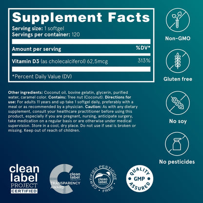 Puori Vitamin D3 Softgels, 2500 IU (62.5 mcg) - Fast Absorbing Vitamin D3 Supplements for Immune System Support, Bone Health & Density and Healthy Muscle Functions - Non-GMO & Gluten-Free - 240 Count