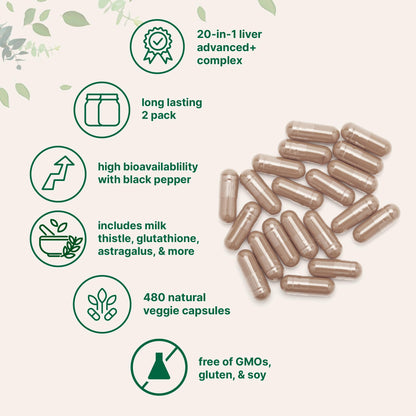 Liver Advanced+, 240 Veggie Capsules | 20-in-1 Complex with Milk Thistle, Dandelion, NAD, NAC, ALA, TUDCA, Glutathione, Artichoke, Turmeric, & Astragalus | Non-GMO, Gluten Free