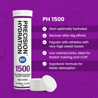 Precision Hydration Electrolyte Tablets - Multi Strength Effervescent Hydration Tablets - Combats Cramp - Low Calorie, Gluten Free, Vegan/Vegetarian Friendly (1 Tube, 1500mg/L - Purple Tube)