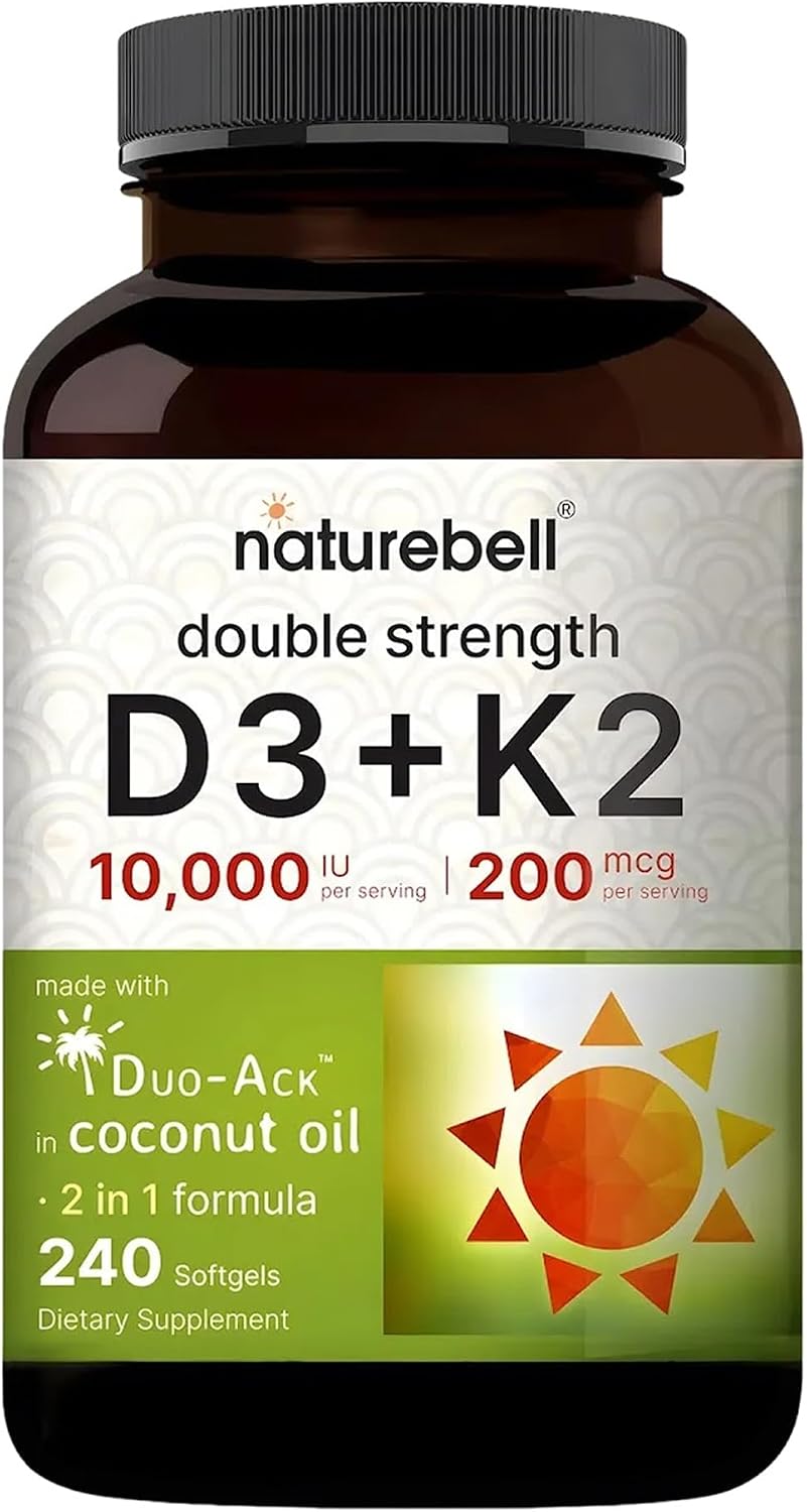 NatureBell Vitamin Double Strength D3 + K2-240 Softgels - 10,000 IU Vitamin D & 200mcg K2 - Bone Strength, Immune Function & Calcium Absorption Support* - Coconut Oil Infused