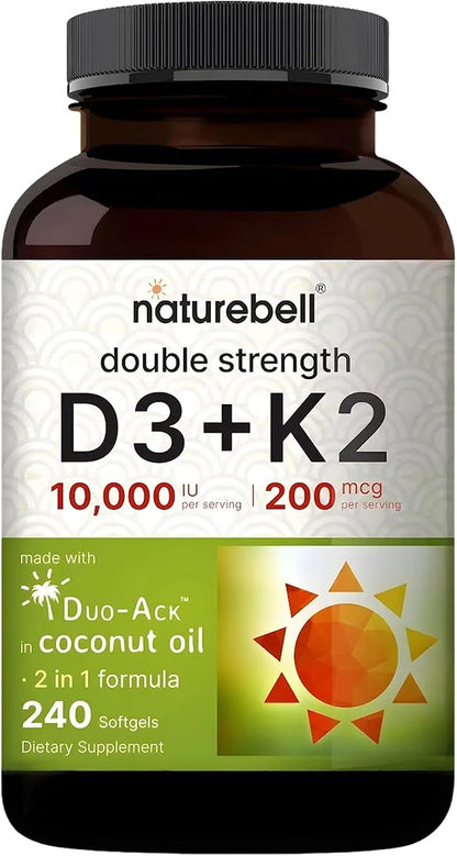 NatureBell Vitamin Double Strength D3 + K2-240 Softgels - 10,000 IU Vitamin D & 200mcg K2 - Bone Strength, Immune Function & Calcium Absorption Support* - Coconut Oil Infused