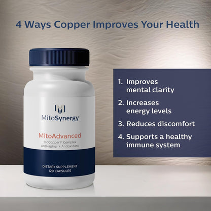 MitoAdvanced BioCopper1 Cu1 (Cunermuspir) - Bioavailable Copper Mitochondrial Cocktail with Coq10, Thiamin, Ribose, Folate, Choline and Pantothenic Acid - Anti-Aging, Anti-Graying - 120ct