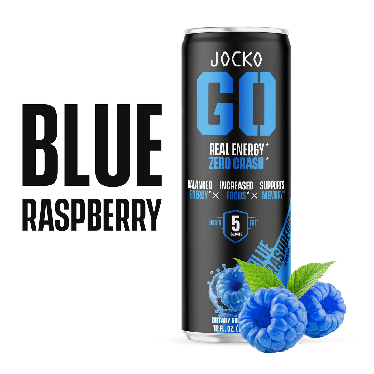 Jocko Fuel Blue Raspberry Energy Drink, 12 Pack, 0 Sugar, 95mg Caffeine, Supports Brain