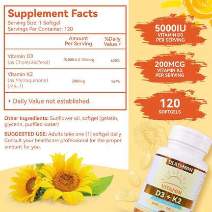 Vitamin D3 K2 Supplement Softgels, Vitamin D3 5000 IU & Vitamin K2 MK7 200 mcg, Bone & Teeth Support, Easy to Swallow - 120 Counts