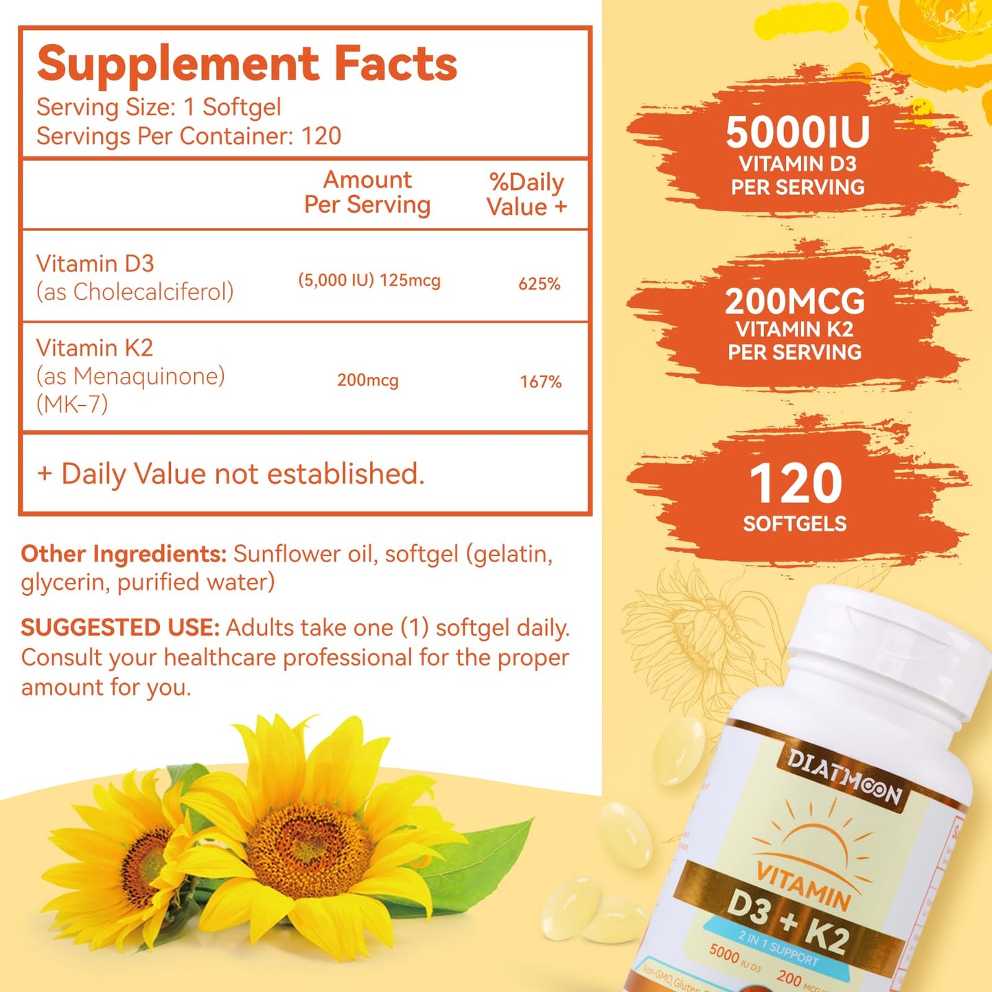 Vitamin D3 K2 Supplement Softgels, Vitamin D3 5000 IU & Vitamin K2 MK7 200 mcg, Bone & Teeth Support, Easy to Swallow - 120 Counts