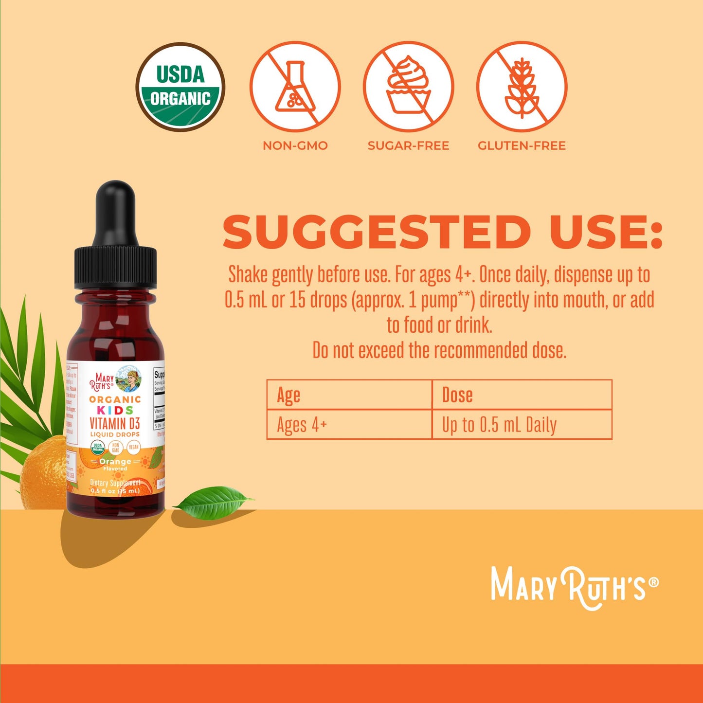 MARYRUTH'S Vitamin D3 Liquid Drops | Megadose 4000 IU | USDA Organic Liquid Vitamin D Spray for Adults & Kids | Immune Support & Bone Health | Vegan | Gluten Free | Non-GMO | 30 Servings
