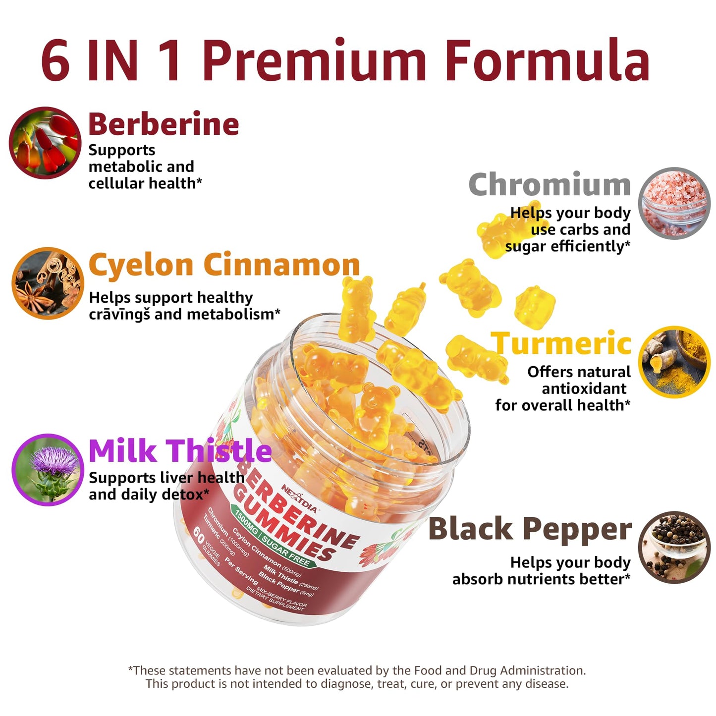 Berberine Gummies Supplement 1500mg, Natural GLP-1 Support + Ceylon Cinnamon, Chromium, Milk Thistle, Turmeric, AMPK Activator for Women & Men, Berberine HCl from Indian Barberry, Sugar Free, 60 Count