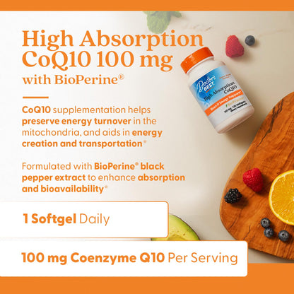Doctor's Best High Absorption CoQ10 with BioPerine Supplement - Coenzyme Q10 Softgels for Heart Health & Antioxidant Support, Naturally Fermented CoQ10 100mg for Women & Men, Non GMO - 120 Softgels