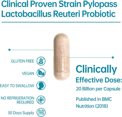 5-in-1 High Potency H. Pylori Probiotic, 1 Per Day - Supports Gastric Lining Integrity, Occasional Indigestion, Acid Comfort - Pylopass Lactobacillus Reuteri, Gluten Free, Vegan, 30ct, Made in Germany