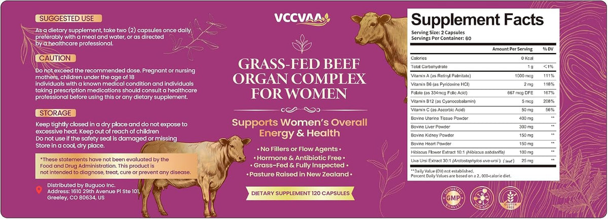 Grass Fed Beef Organ Supplement for Women – New Zealand Bovine Liver Support Supplement, Heart & Kidney – High Potency B12, B6 & Folate Energy Supplements, Fluid Balance & Bloating Relief,120ct