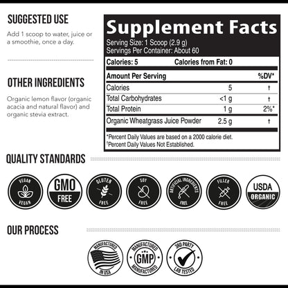 Organic Wheatgrass Juice Powder - Organic, Grown in Volcanic Soil of Utah - Raw BioActive Form, Cold-Pressed Then CO2 Dried, 20:1 Concentrate Juice Extract - Unflavored (5.3 oz – 60 Servings)