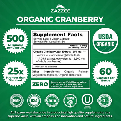 Zazzee USDA Organic Cranberry 25:1 Extract, 500 mg per Capsule, 100 Vegan Capsules, 3+ Month Supply, Certified Kosher, Vaccinium Macrocarpon, Non-GMO, Made in the USA
