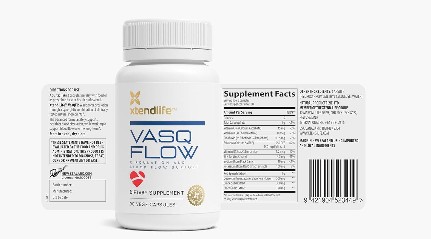 Xtendlife VasQFlow Nitric Oxide Booster - for Circulation, Blood Flow, Heart & Muscle Support-with Red Spinach Extract & Aged Garlic - 1 Month Supply (90 Count)