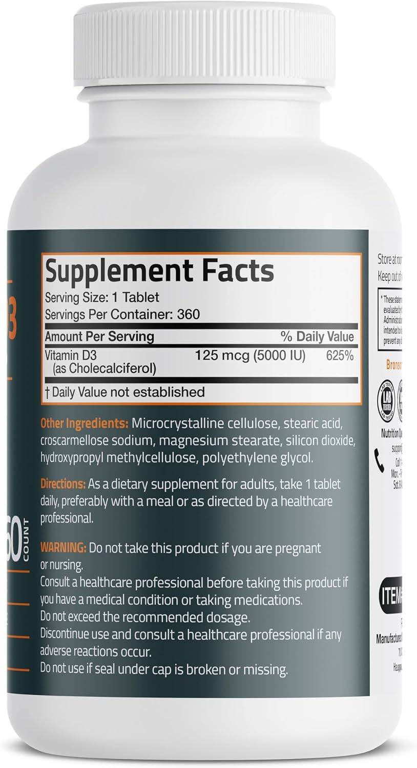 Bronson Vitamin D3 5000iu (125mcg) Non-GMO Gluten-Free Soy-Free 360 Tablets | Immune, Bone, Joint, Breast, Heart, and Colon Health Supplement
