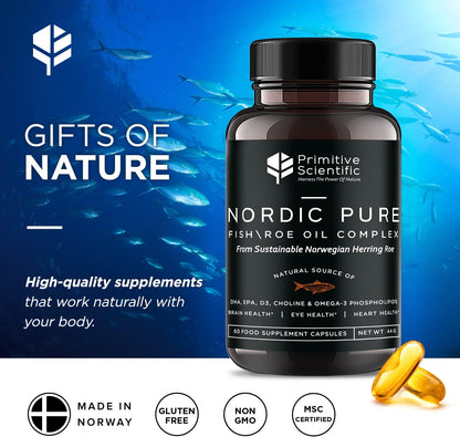 Primitive Scientific Nordic Pure Oil Complex (60 Fish Oil Capsules) for Brain, Immunity & Vision - Heart Supplement w/EPA, DHA, Vitamin D3, Choline - Omega 3 Supplements