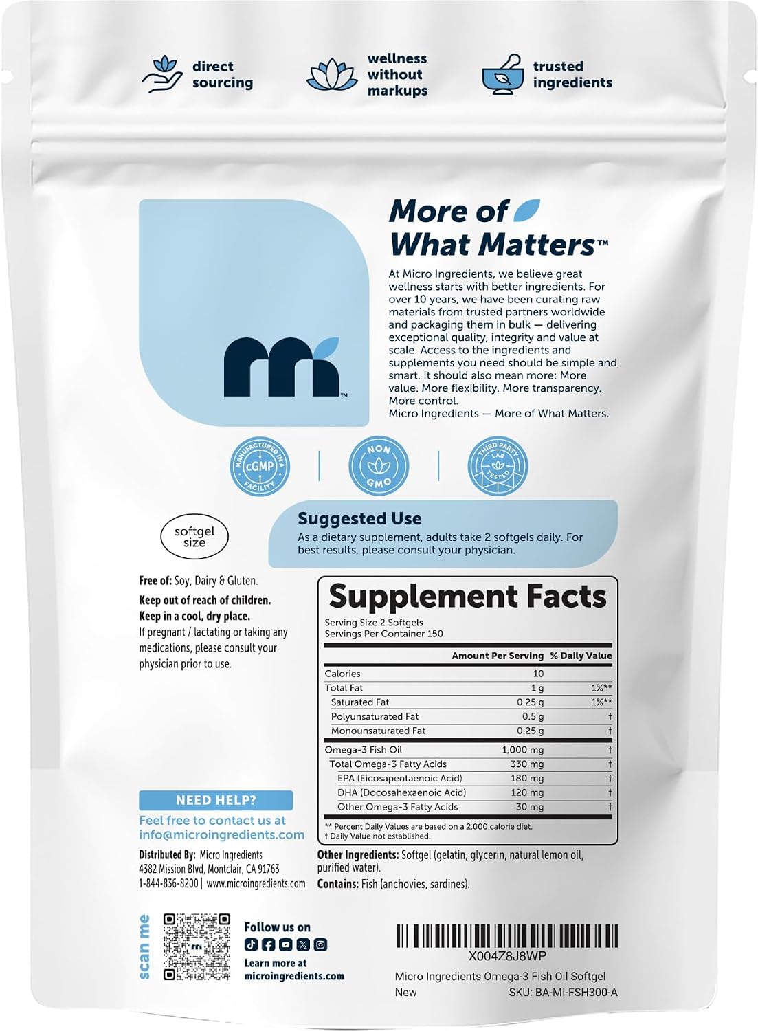 Micro Ingredients Extra Strength* Omega-3 Fish Oil Supplements 1,000mg Per Serving, 300 Softgels | Lemon Flavored | Burpless | EPA 180mg + DHA 120mg | Deep Sea Fish