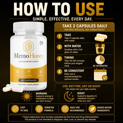 Memo Honey Capsules, MemoHoney Formula Supplement Pills 5-Pack 300 Capsules