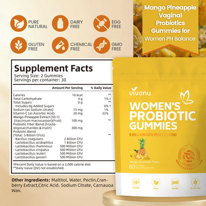 VivoNu Pineapple Gummies for Women Ph, Women Probiotic Gummies, Feminine Balance Gummy, Mango Pineapple Viginal Probiotics for Woman Vaginigal Health, Yeast Ph Balance
