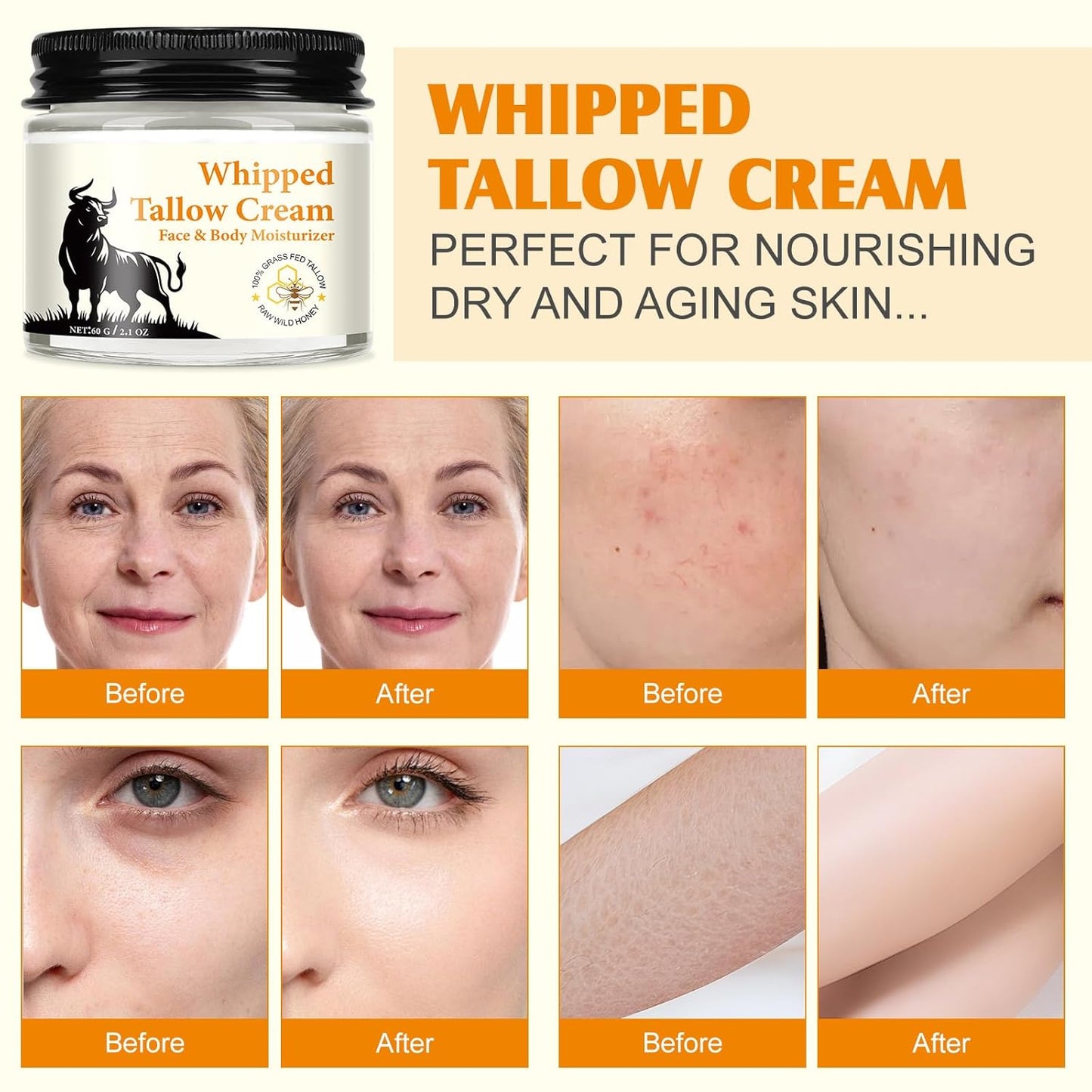 HUYEHF Beef Tallow for Skin, Beef Tallow and Honey Balm for Skin & Face Deeply Nourishing Face Body Moisturizer, for Dry Care & Anti-Aging- 60g