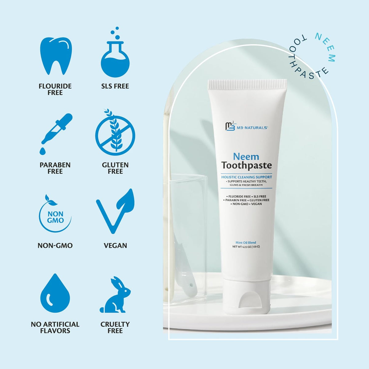 Fluoride-Free Neem Toothpaste w/Mint for Adults & Kids Pack of 3 by M3