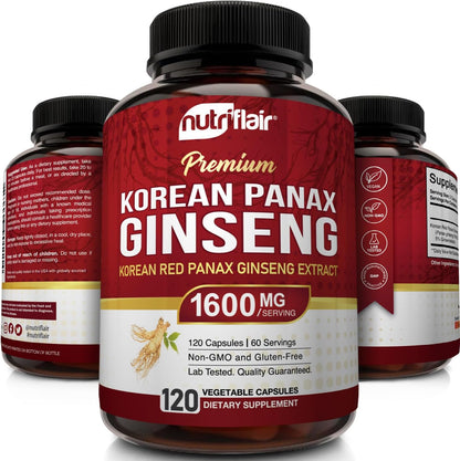 NutriFlair Korean Red Panax Ginseng 1600mg – 120 Vegan Capsules | 5% Ginsenosides | Non-GMO, Gluten-Free | Natural Energy & Focus Support | Made in USA