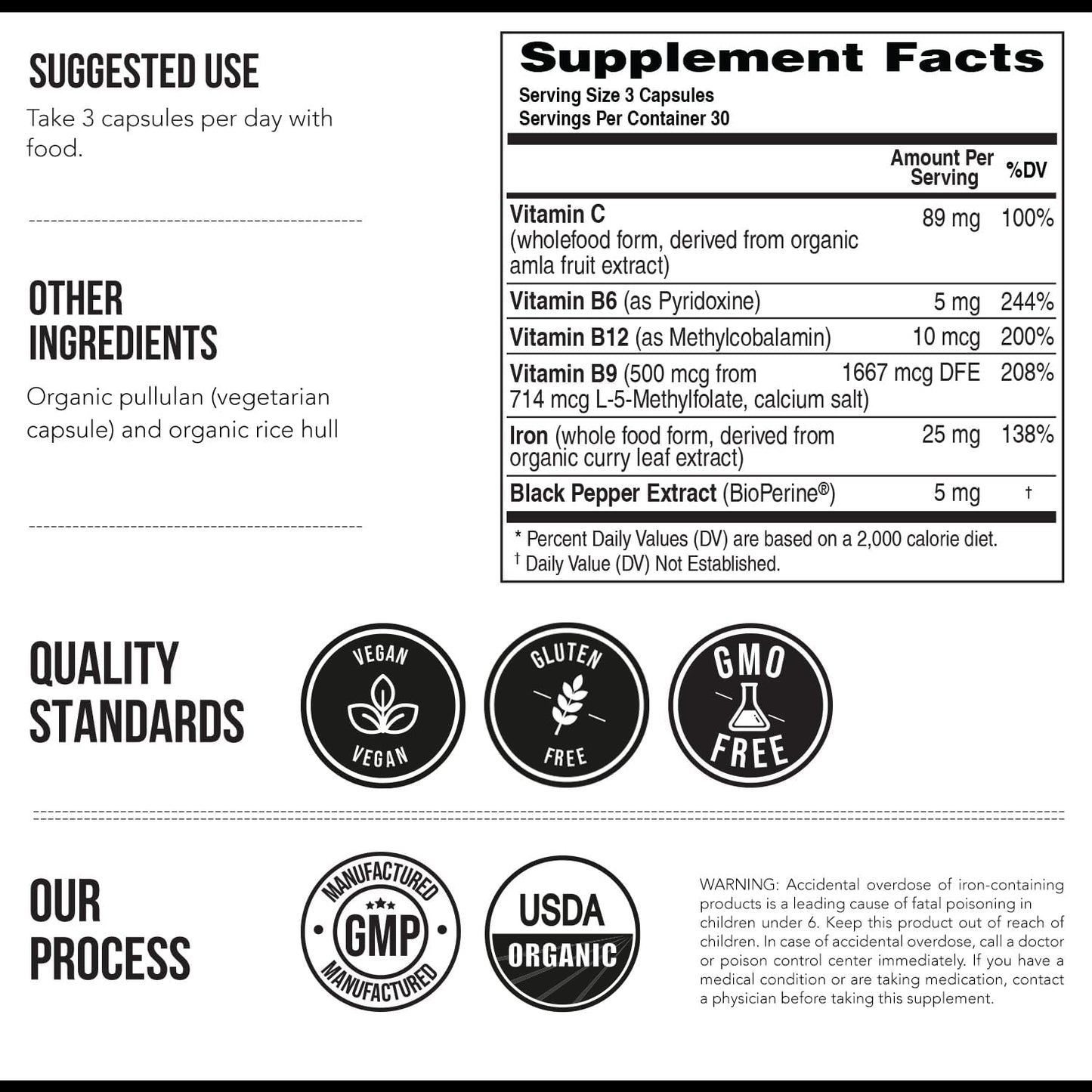 Organic Iron Supplement | Whole Food Mineral & Cofactors, 25 mg Elemental | Enhanced Absorption Plus Blood Health Vitamins – Gentle Form – Supports Healthy Levels & Blood Health – 90 Capsules